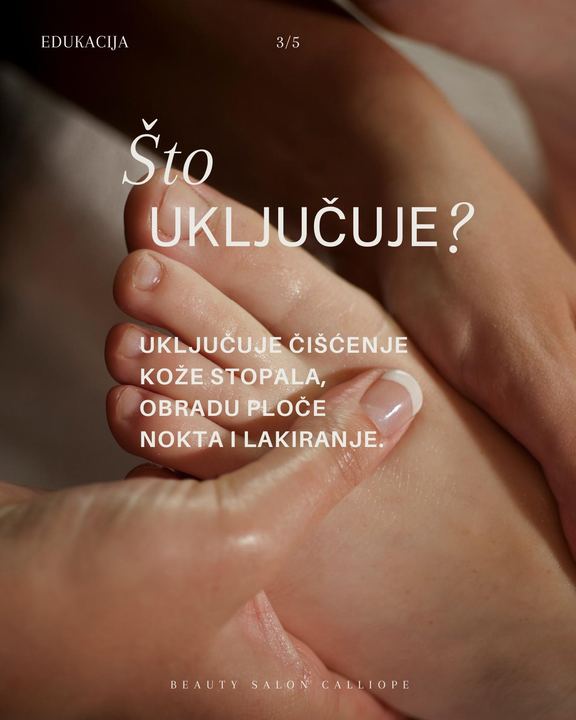 Što uključuje? Čišćenje kože stopala, obradu ploče nokta i lakiranje.
